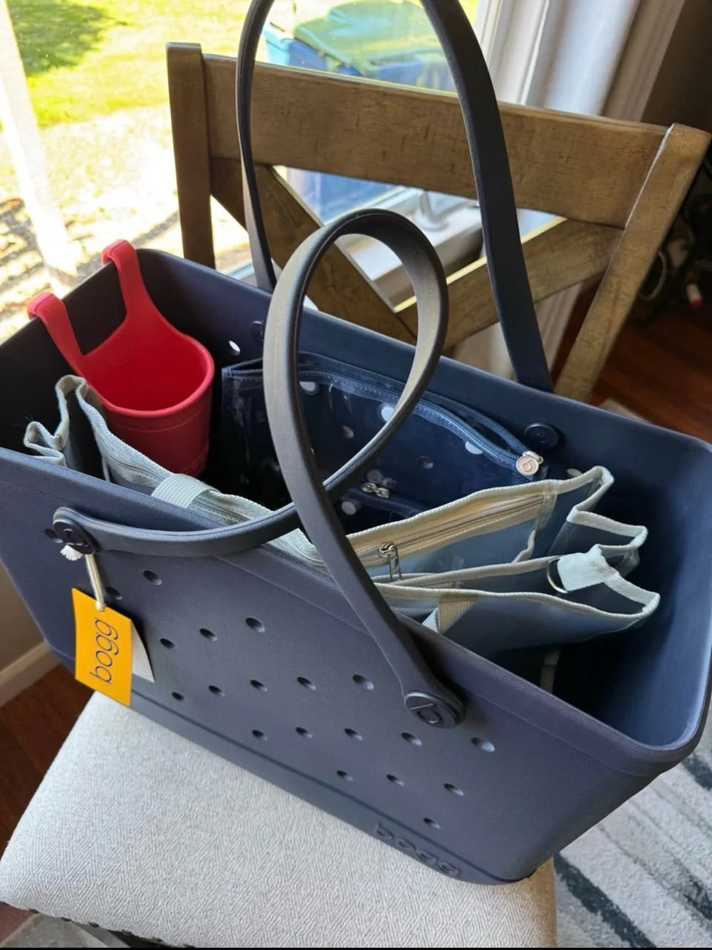 BOGG BAG Navy Tote with Red Cup Holder and Inner Organizer